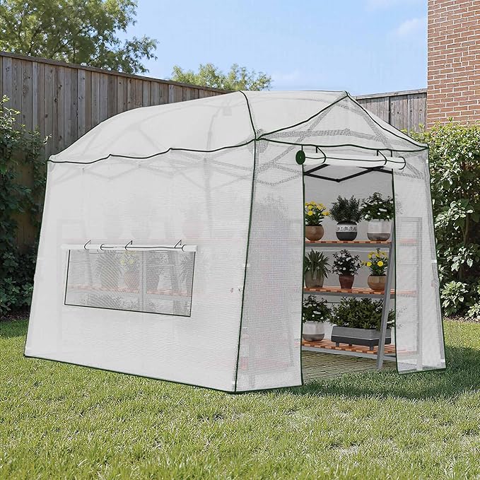 11 x 8.5 FT Walk-in Greenhouse, Portable Pop-up Green House 3 Adjustable Hights Heavy Duty Plant Gardening Canopy with Durable PE Cover for Indoor Outdoor (Clear and White)