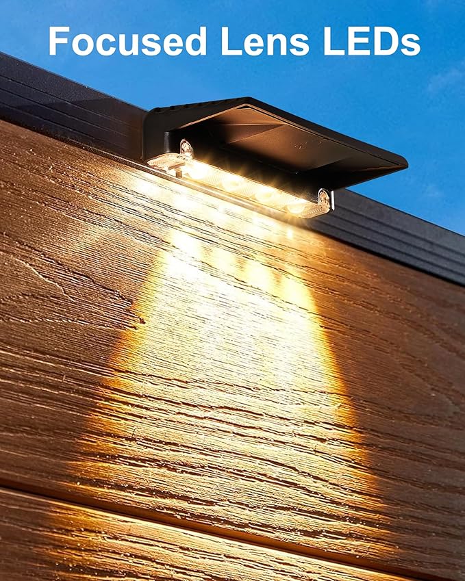 Solar Fence Lights Outdoor Waterproof LED,4LEDs Focus Lens Solar Wall Lights,Auto ON Off Warm White Outdoor Lights for Patio,Deck,Fence, Step,and Railing,Backyard Decor(2 Pack)