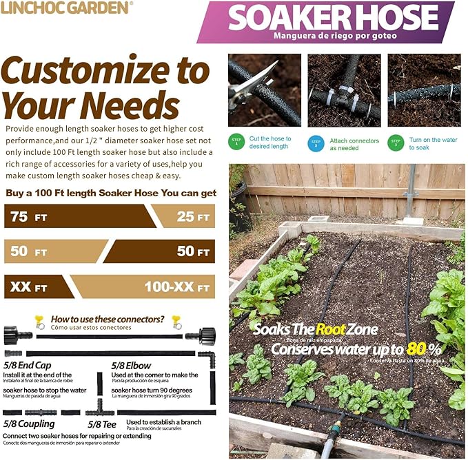 LICNCHOC GARDEN Soaker Hose 100ft,1/2 INCH Flexible Durable Garden Hose for Efficient Watering, Leak-Proof Design 100% Recycled Rubber,Ideal for Lawns,Gardens & Flower Beds