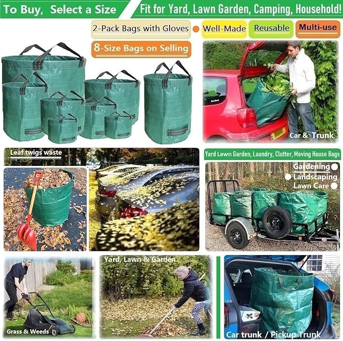 Professional 2-Pack 80 Gallon Large Yard Garden Bags (D26, H33 inch) W/Gardening Gloves for Leaf Bags,Yard Waste,Debris Bag,Garden Waste Container,Recycle Bin,Lawn Grass Clippings,Weeds Bag 4 Handles