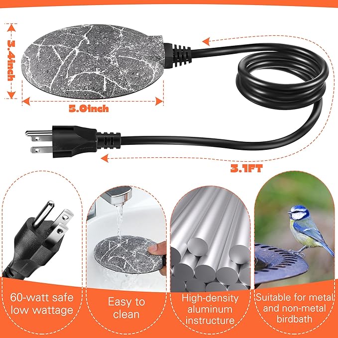 1 Pack Upgrade Bird Bath Heater for Outdoors in Winter, Pond Deicer 60 Watts Birdbath Deicer Water Heater Thermostatically Controlled with Auto Shut off Function for Patio Lawn (Frosted Gray)