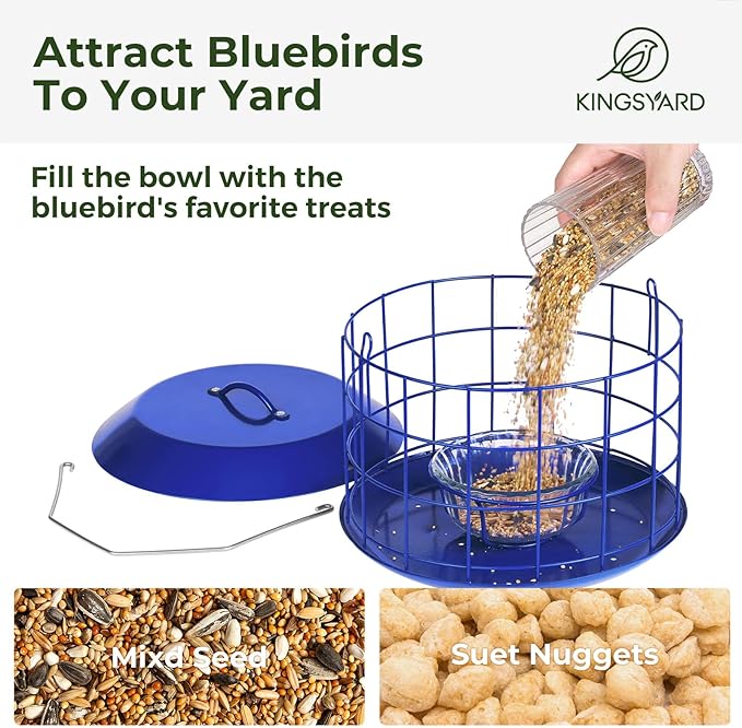 Kingsyard Bluebird Feeders for Outdoors Hanging, All Metal, Cage Mealworm Bird Feeder with Tray, Squirrel Proof & Weatherproof, Easy to Refill & Clean (Blue)