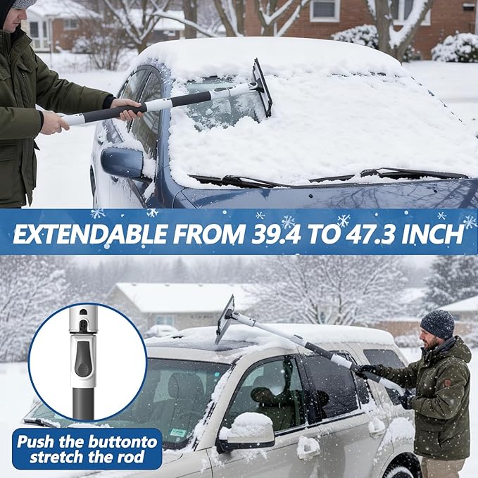 Car Snow Brush and Ice Scraper, 3-in-1 Extendable Snow Shovel with Wide Head Snow Shovel and Ice Scraper 180° Pivoting Snow Brush Head for Car Windshield, Durable Snow Remover with Foam Grip