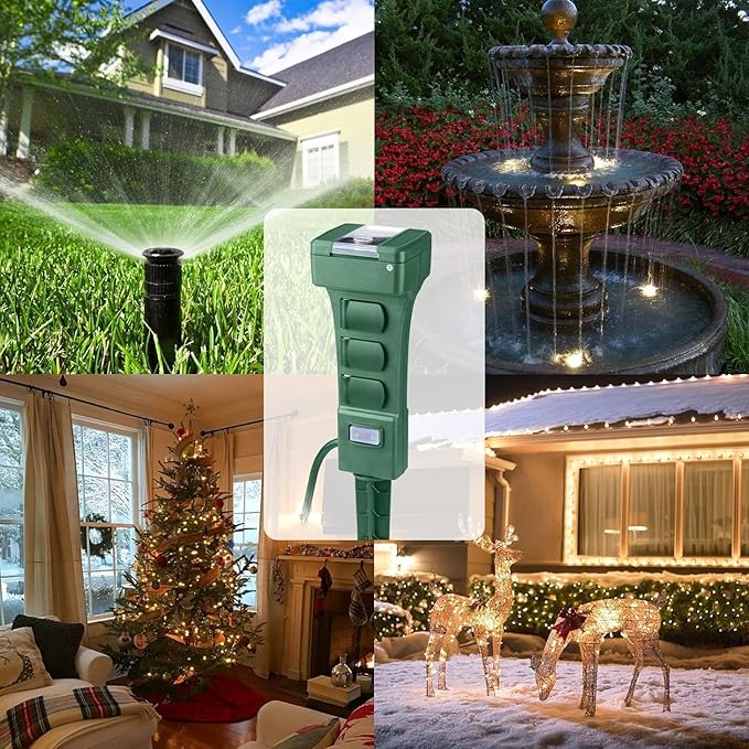 Outdoor Power Stake Timer, 24 Hour Light Timers with Remote Control, 6 Outlet Countdown Yard Stake Timer for Halloween Christmas Holiday Lights, 6ft Extension Cord, UL Listed