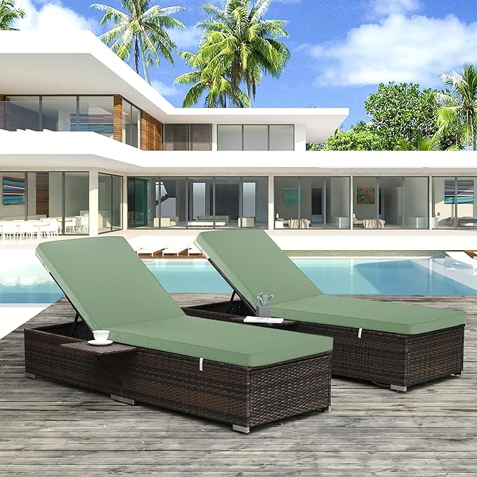Outdoor Chaise Lounge Cushion Set of 2, Fadesafe Water-Repellent Lounge Deck Reclining Chair Cushions for Patio Furniture Lawn Pool Resort Hotel, 72x21x3 Inch, Sage Green