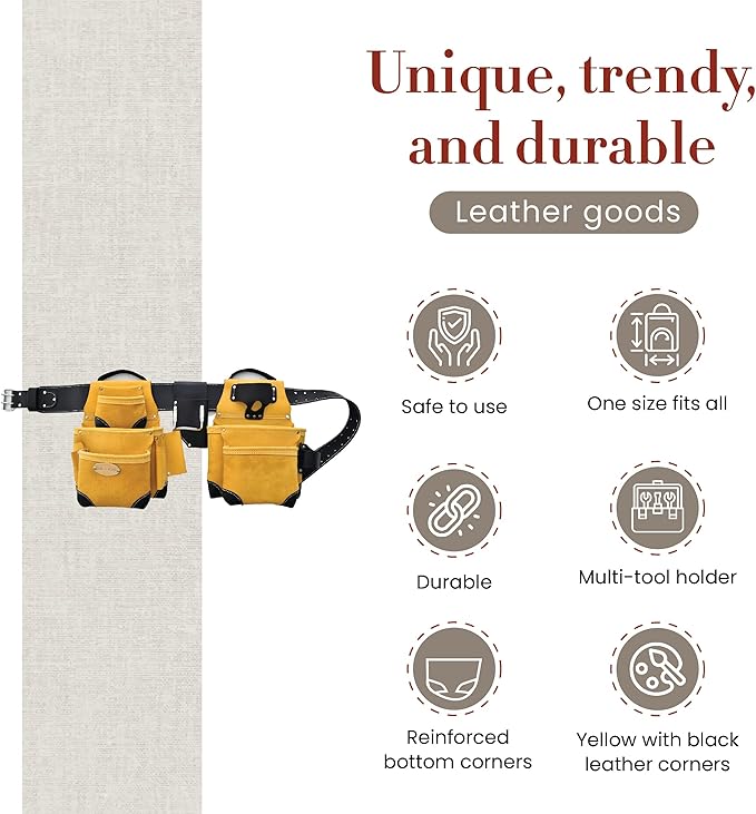 Style n Craft 4-Piece and 17-Pocket Pro Framer’s Combo, Tool Belt with 2 Tool Pouches and 1 Pliers and Hammer Holder, Full-Grain Leather Tool Belt Combo, Yellow with Black Leather Corners (93414)