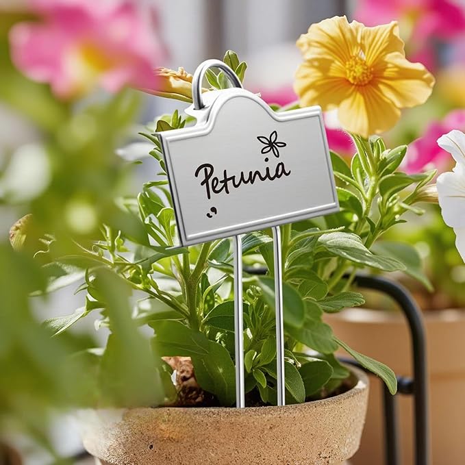 Stainless Steel 304 Plant Labels for Garden Outdoor | Metal Plant Markers Waterproof for Vegetables Herb Seedlings Flowers with 2 Pens | 25 Pack | Label Area 3.74'' x 1.39'' Height 10.75 Inch | Silver