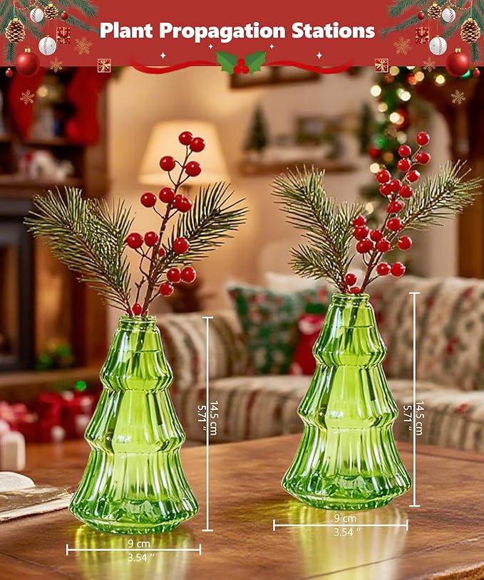 Nacome 2Pcs Tree-Shaped Glass Plant Terrarium,Planter Propagation Station Christmas Tree Decorations for Hydroponics Home Office, Unique Gifts for Plant Lovers Women Mom(Green)