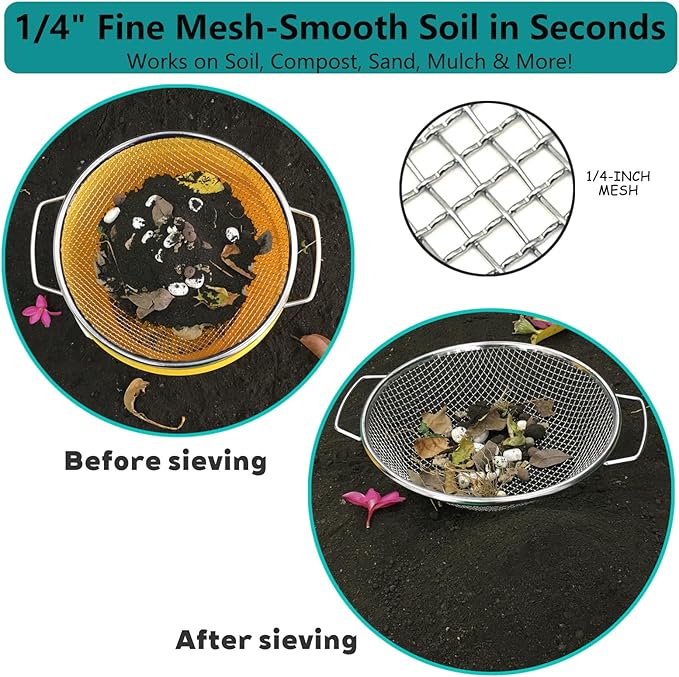 Stainless Steel Soil Sifter for 5 Gallon Bucket, 1/4 inch Mesh Garden Screen for Dirt, Sand, Compost with Heavy Duty Handles (1/4 inch)