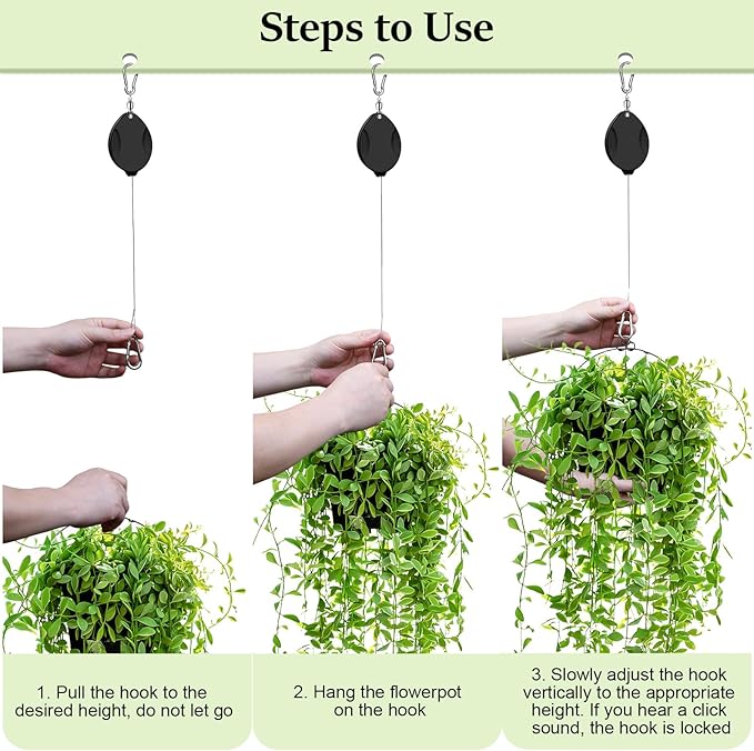 2025Upgraded 2Pcs Heavy Duty Retractable Plant Hanger, 44lbs Load, Auto Lock, Adjustable Hook for Hanging Plants, Bird Feeders, Wind Chimes, Garden Pots,Rust-Proof Stainless Steel,Black