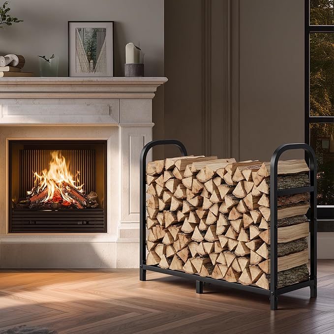 34 Inch Firewood Rack Outdoor with Log Carrier Bag, Indoor Fire Wood Holder, Metal Heavy Duty Log Holder, Rustproof Firewood Storage Tool for Fireplace Patio Deck