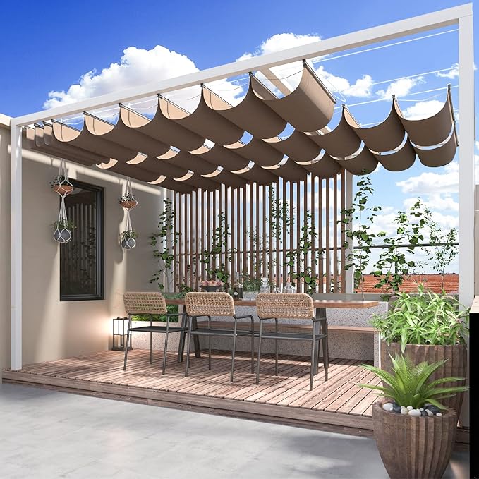 ECOOPTS 7'x14' Retractable Wave Sun Shade Canopy Pergola Cover Shade Sail Awning for Patio Porch Garden Yard Deck Outdoor (Brown)