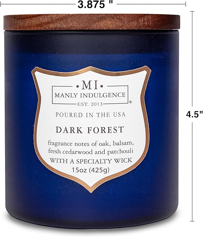 Manly Indulgence Dark Forest Scented Jar Candle for Men, Wood Wicked Candle, 15 oz - Oak, Balsam, Fresh Cedarwood & Patchouli - Up to 60 Hours Burn, Soy Blend Wax, USA Poured, Navy Blue