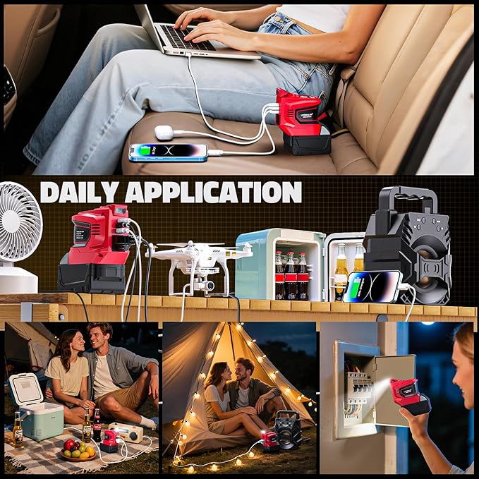 2PCS 200W Power Inverter for Milwaukee, DC 18V to AC 110-120V Battery Inverter, Portable Battery Adapter Phone Charger Converter with 2 USB & 1 Type-C & 1 AC Outlet for Camping Essentials (Tool Only)