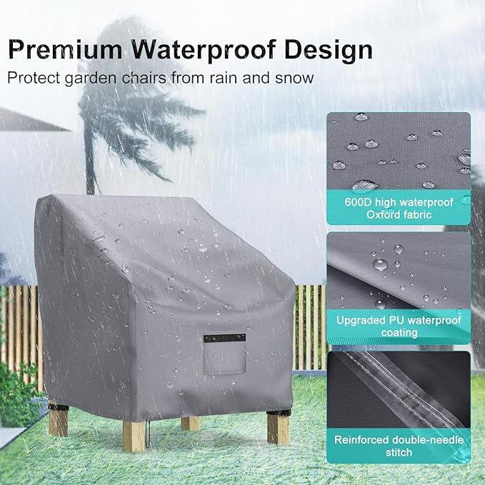 Patio Chair Covers for Outdoor Furniture Waterproof 2 Pack, Lawn Chair Covers 600D Heavy Duty Oxford Cloth, Large Covers for Lounge Lawn Deep Seat 29" W x 30" D x 36" H-Gray