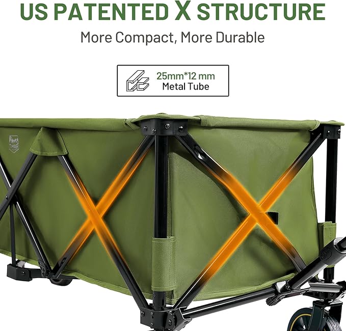 Timber Ridge 51.2'' Extended Collapsible Wagon Cart with Brakes and Cargo Net, Heavy Duty Foldable Utility Wagon with Adjustable Handle, 400L Capacity Portable Cart for Camping Sports Shopping