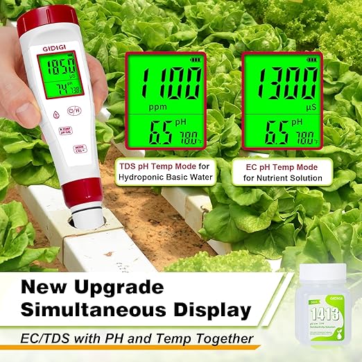 pH Meter for Hydroponic Water,Digital EC ppm Tester for Nutrients,pH TDS Reader 4 in 1 with 1413 μs/cm Calibration Solution,High-Sensitivity Backlit Display for Drinking Water,DWC,Indoor Plants