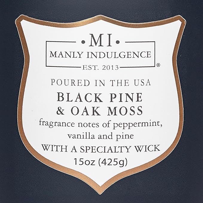 Manly Indulgence Black Pine Oakmoss Scented Candles for Men, 15 oz Wooden Wick, Premium Soy Blend Wax, 60H Burn, Candles for Home Scented - Made in The USA