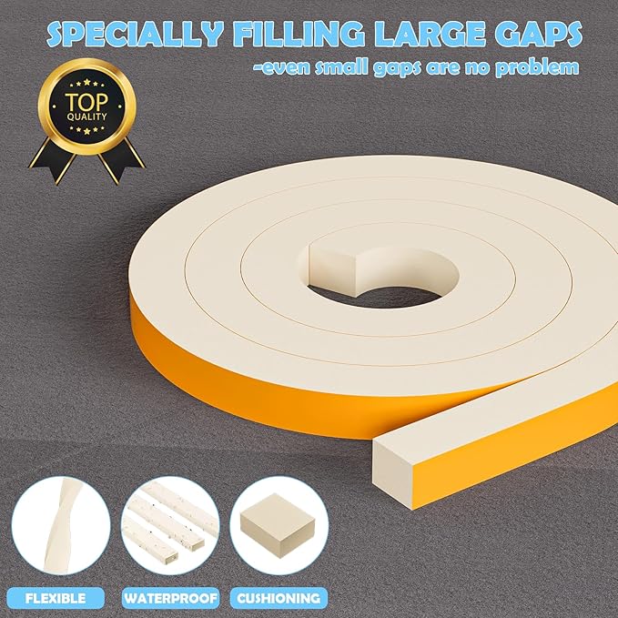 1"×1" EVA Foam Strips with Adhesive Weather Stripping Tape Larger Foam Weather Stripping Strip for Large Gap Insulation (1"×1",13FT,White)