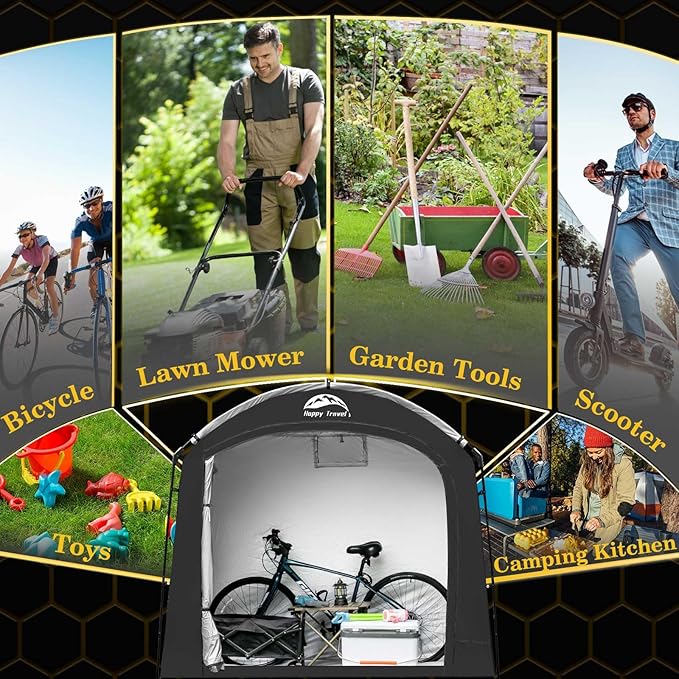 Happy Travel Bike Storage Shed Tent, Waterproof Portable Bicycle Cover with 30% More Top Storage Space for 2/3/4/5 Bikes,Clips Easy Setup Outdoor Sheds Shelter for Motorcycle, Garden Tools, Lawn Mower