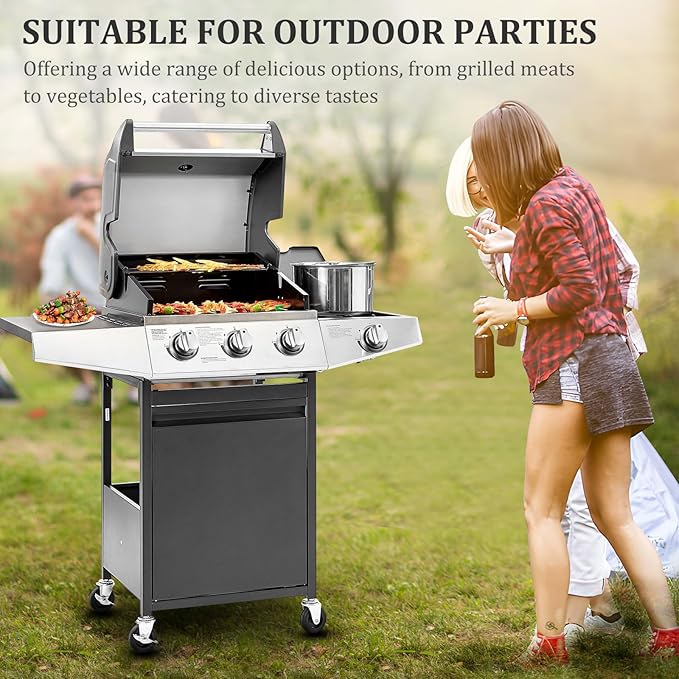 Unovivy 3-Burner Propane Gas BBQ Grill with Side Burner & Porcelain-Enameled Cast Iron Grates Built-in Thermometer, 39,000 BTU Outdoor Cooking, Patio, Garden Barbecue Grill, Black and Silver