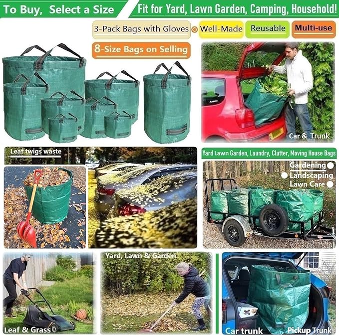 Professional 3-Pack 80 Gallons Lawn Garden Bag Leaf Waste Bags (D26, H33 inches) with Coated Gardening Gloves,Reuseable Heavy Duty Patio Bags,Grass Pool Bags,Home Yard Trash Bags with 4 Handles