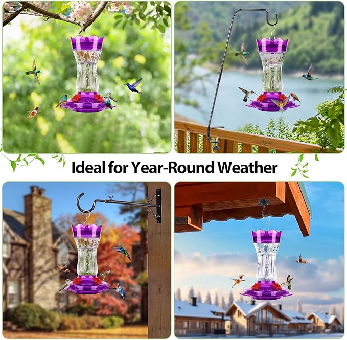 2 Pack Hummingbird Feeders for Outdoors, Built-in Ant Moat & Leakproof, XAROO Glass Hummingbird Feeder with 4 Bee Guard Feeding Ports, Outdoor Garden Décor, 15OZ, Purple
