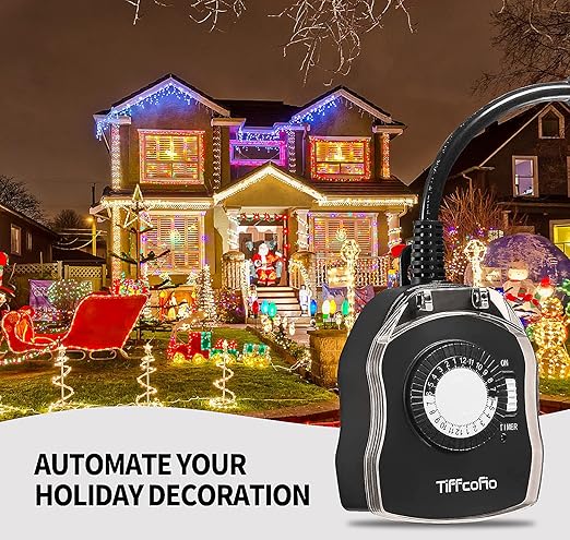 TiFFCOFiO Outdoor Timer Outlet, 24 Hour Mechanical Outdoor Timer for Pool Pump, Outdoor Light Timer Waterproof, 2 Grounded Outlets for Home and Garden, 15A 1/2HP, Heavy Duty, CSA Listed (1 Pack)