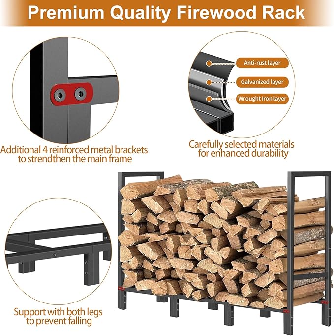 4FT Firewood Rack Indoor Outdoor, Firewood Log Rack Holder with 4 Reinforced Metal Sheets for Fireplace Wood Storage, Heavy Duty Metal Pile Log Stand Stacker Holder for Patio Outdoor