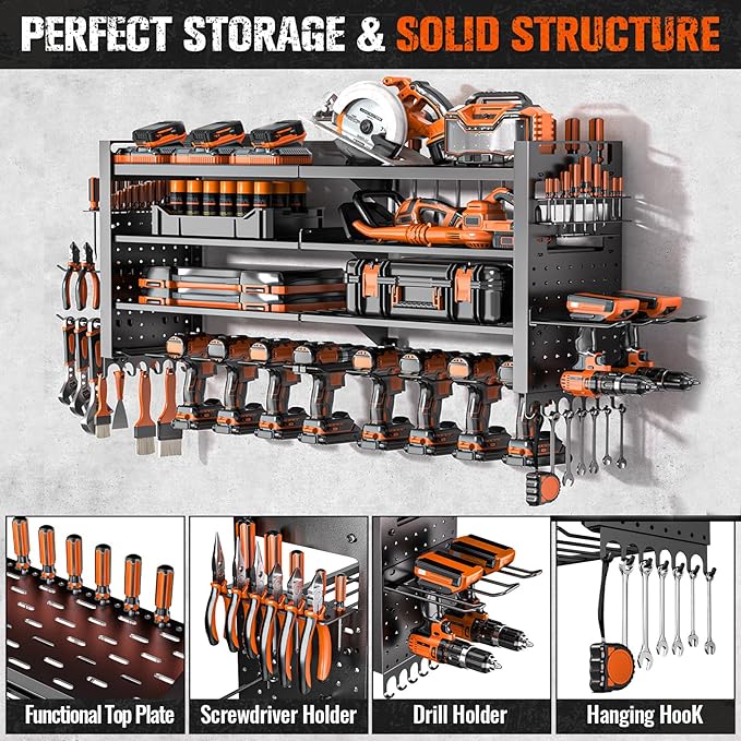 Large Power Tool Organizer Wall Mount, Heavy Duty Tool Organizer with 10 cordless Drill Holder, 4 Layers Garage Organization and Storage Rack, Tool Rack for Garage Workshop, Black