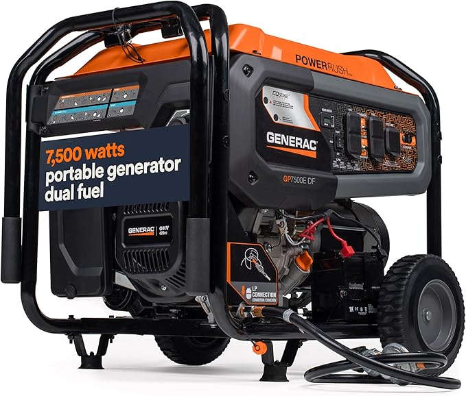 Generac 9,400/7,500-Watt Dual Fuel Portable Generator - Electric Start - Gas or Propane Powered - Home Backup or Jobsite - Quiet, Long Runtime, Emergency Power - 49-State Compliant