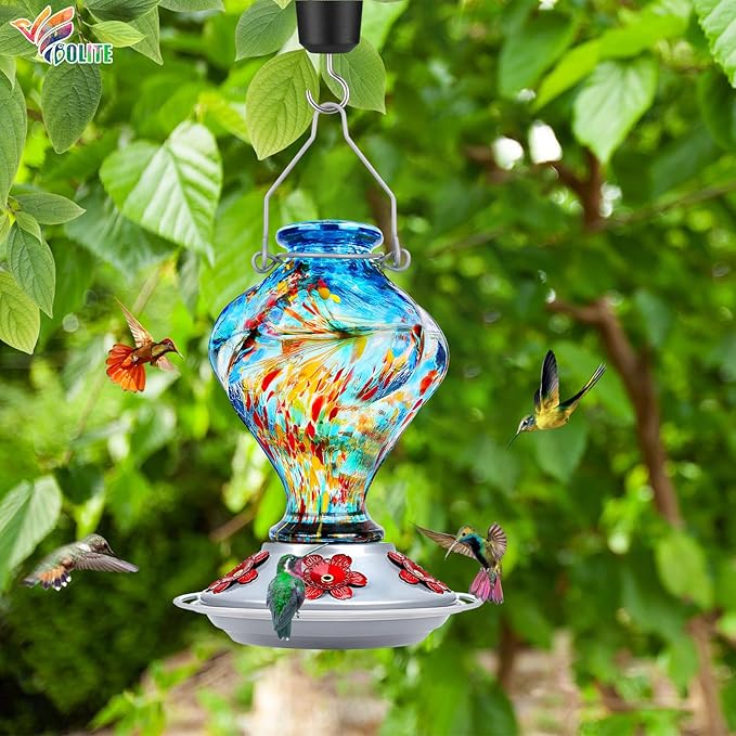 Hummingbird Feeder, BOLITE Glass Hummingbird Feeders for Outdoors Hanging, Hand Blown Twisted with Ant Moat and Five Feeding Ports, 24 Ounces, Leak Proof, Blue, Gifts for Women Men, Gifts for Mom Dad