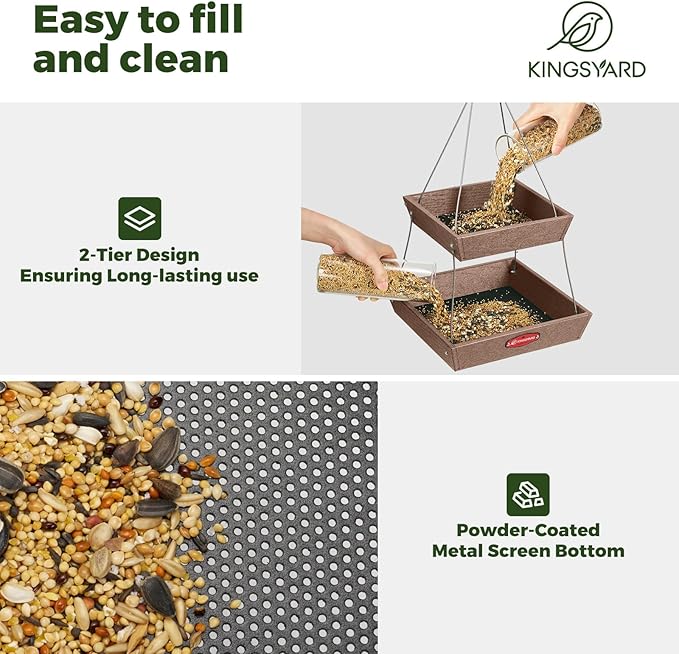 Kingsyard 2 Tier Platform Bird Feeder for Outdoors Hanging, Recycled Plastic Flat Bird Feeder Tray with Large Capacity 5 lbs, Garden Decoration Attracting Wildbirds, Brown
