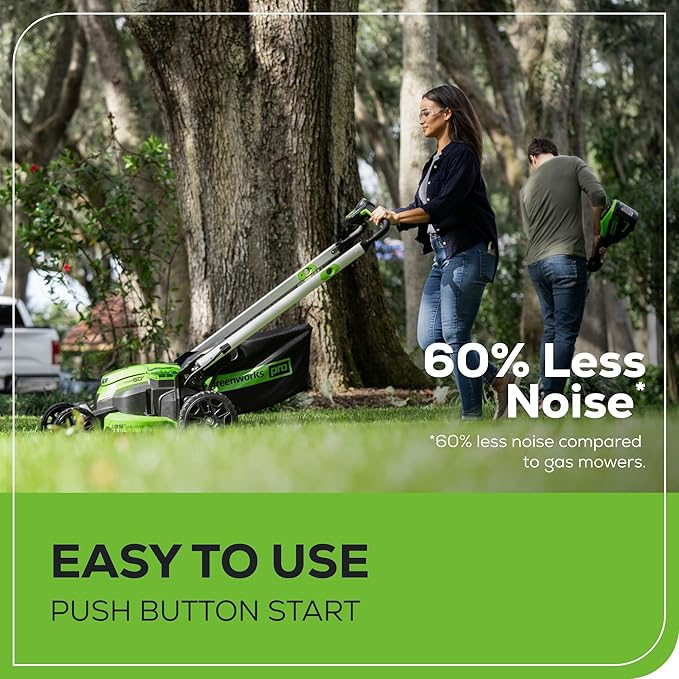 Greenworks 60V 25” Cordless (Self-Propelled) Lawn Mower (LED Lights + Aluminum Handles), 2 x 4.0Ah Batteries and Dual Port Rapid Charger