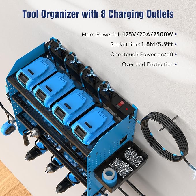 Heavy Duty Power Tool Organizer Wall Mount with Charging Station, 4 Layer Garage Storage Adjustable Shelves Height, Holds 4 Drills, 2 Hooks, Screw & Screwdriver box, Gifts for Fathers Day, Anniversary
