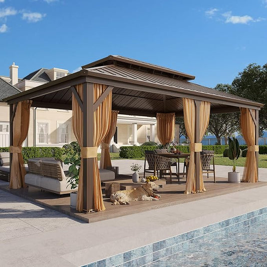 YOLENY 12' x 18' Hardtop Gazebo, Metal Gazebo with Aluminum Frame, Double Galvanized Steel Roof, Curtains and Netting Included, Metal Gazebos Pergolas for Patios, Garden, Parties, Lawns
