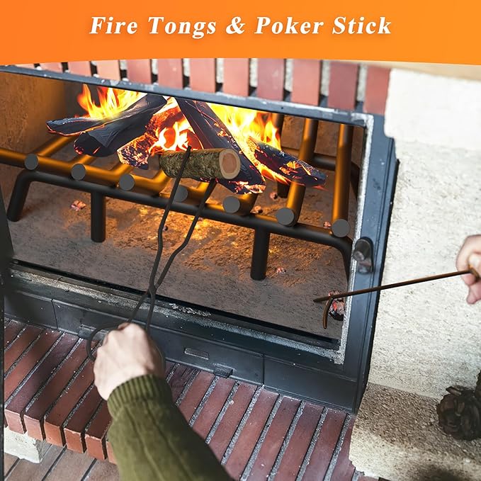 Fireplace Grate 30 Inch with 8 Support Legs, Round Solid Steel Heavy Duty Fireplace Log Holder with Fire Tongs & Poker, Fireplace Log Grate for Indoor Fireplace and Outdoor In-ground Firepit