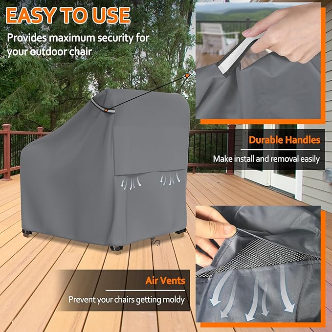 STARTWO Patio Outdoor Chair Covers 2 Pack, Outdoor Furniture Covers Waterproof adapter for Lawn Lounge Seat, Wicker, Swivel, Adirondack,Rocking Chairs,33W x 35D x 38.5H inch,Grey
