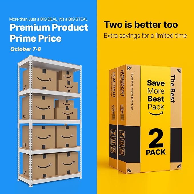 HOMEDANT 5 Tier White Storage Shelves Adjustable Laminated Boltless Garage Metal Shelving Unit Heavy Duty Utility Rack Shelf Warehouse Pantry Closet Kitchen 35.9" W x 16.2" D x 71.3" H White 2Pack
