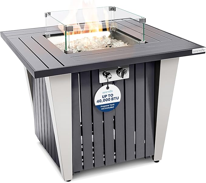 SereneLife Propane Fire Pit Table 50,000 BTU with Sturdy Metal Frame, Stainless Steel Fire Pan, Decorative Glass Rocks, Weather Cover, CSA Certified for Patio, Backyard, or Garden Use