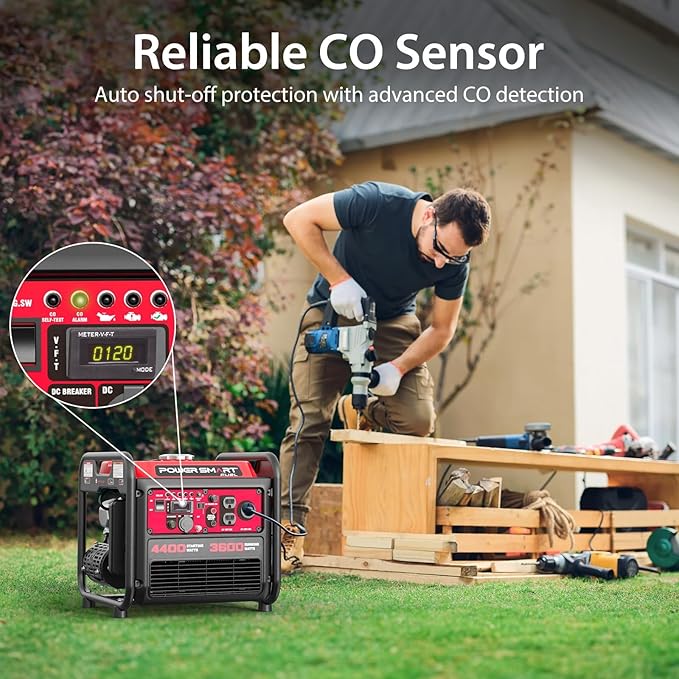 4400-Watt Portable Inverter Generator, PowerSmart Gas Powered, CO-Sensor, Lightweight & Quiet for Home Use and Emergency Backup, Camping, EPA Compliant