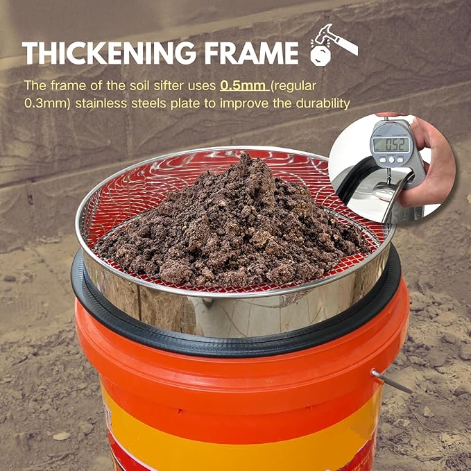Upgraded Soil Sifter, 11 Inch (1/8'' Mesh Screen) Dirt Sifter Thickened Stainless Steel Garden Sieve for Compost Sand and Rocks Suitable for 5 Gallon Bucket