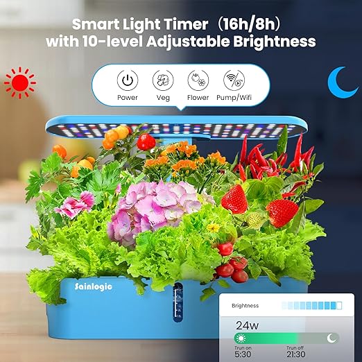 Sainlogic Hydroponics Growing System Kit, 12 Pods Watering Planter, Smart Indoor Garden with APP & WiFi Connected, 5 X Growth with 24W LED, Quiet Pump, for Vegetables, Herbs and Flowers