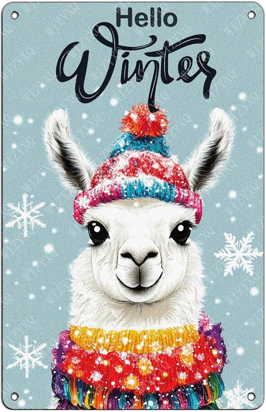 Tin Signs Hello Winter Metal Signs Winter Aluminum Sign for Home Cafe Bar Yard Office Kitchen Farmhouse Wall Decor 12×8 Inch