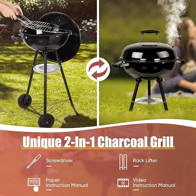 18 Inch Charcoal Grill, HaSteeL 2-In-1 Kettle Outdoor Barbecue Grill, Portable Black BBQ Grill for Camping/Backyard/Patio/Picnic, Porcelain-Enameled Lid & Fire Bowl, 254.SQ.IN Cooking Area, 13-Piece