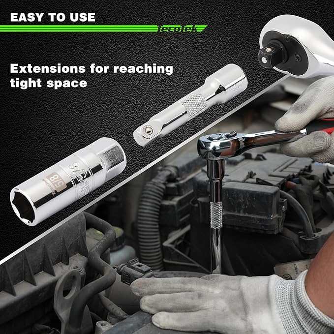 11-Piece Spark Plug Socket Set with 3/8" Drive Ratchet Handle, Spark Plug Gapper, Universal Joint and Extension Bar, 5/8", 3/4", 13/16", 14mm, 18mm, CR-V Sockets with Rubber Retaining Rings