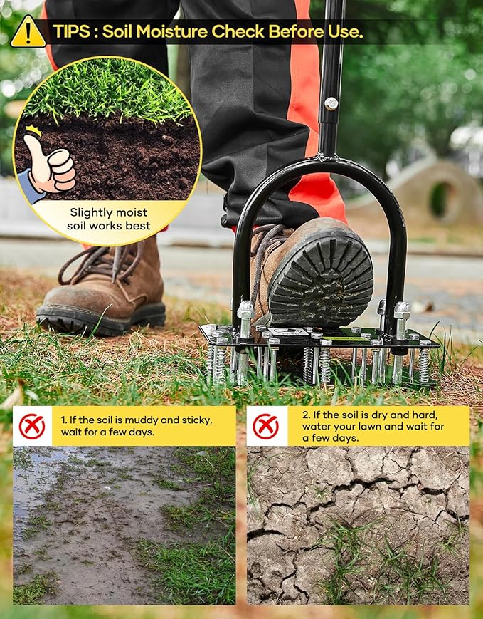 Lawn Aerator Tool, Manual Metal Spike Aerator Lawn Tool with Spring Base, Automatic Leaf and Dirt Cleaning, Grass Aerator for Lawn Care, Soil Loosening, Yard Aerating, Garden Tool