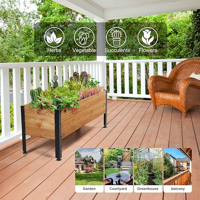 Wood Rectangular Garden Planter Box Raised Garden Bed Outdoor,Planters for Outdoor Plants 37x13x15in Elevated Planter Box for Herbs Vegetables Flowers Great for Patio Deck Balcony