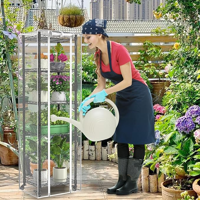 Mini 5-Tier Greenhouse for Indoor Outdoor, 15.7" L×11.8" W×62.3" H Portable Greenhouse with Clear PVC Cover and Metal Shelf for Growing Vegetables, Flowers and Seedlings, with Wheels