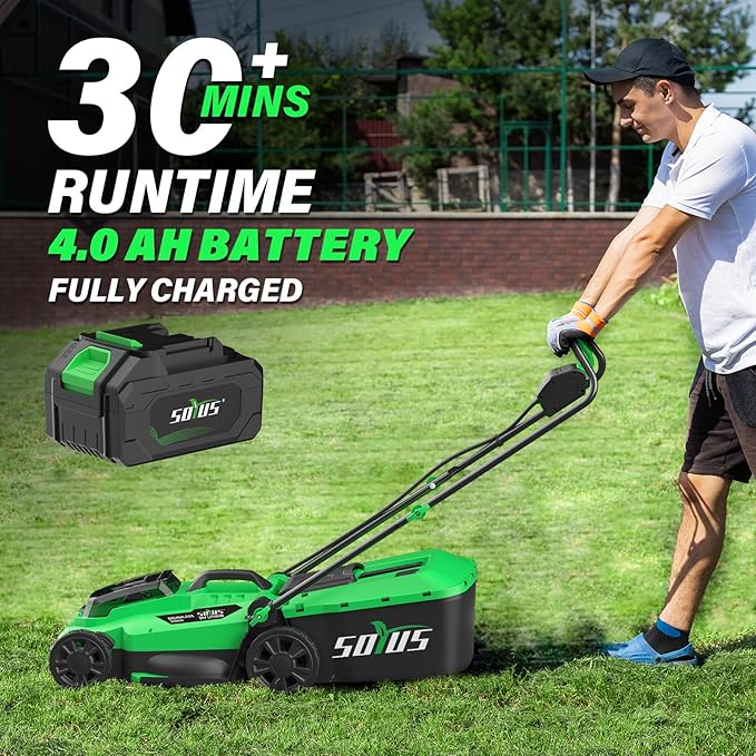 SOYUS Electric Lawn Mower Cordless, 13 Inch 20V Lawn Mowers with Brushless Motor, 2-in-1 Lawn Mower, 5-Position Height Adjustment, 4.0Ah Battery & Charger Included